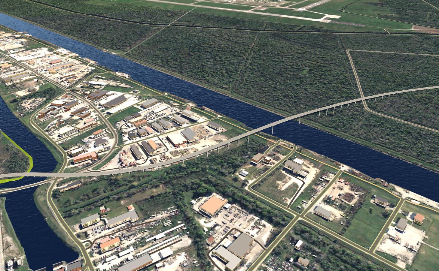 A rendering of the new Belle Chasse Bridge and the surrounding area in Plaquemines Parish, Louisiana. The bridge connects Louisiana Highway 23 to the West Bank Expressway via Peters Road.