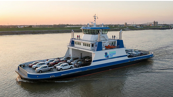 Rendering of hybrid fuel ferry. Ferry is carrying various types of vehicles while moving along the river. 