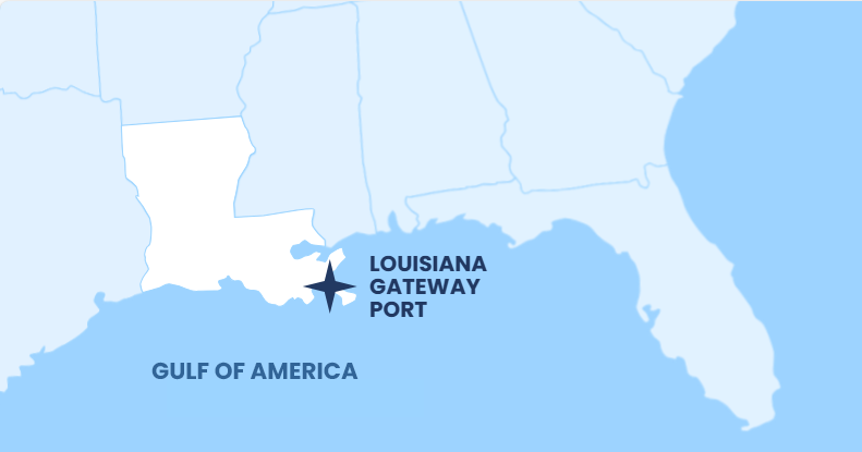 Map showing the location of the Louisiana Gateway Port marked with a star symbol on the coast of Louisiana near the Gulf of America.